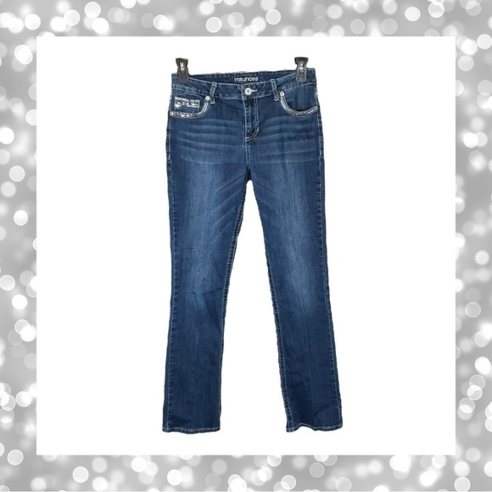 Maurices Gem Embellished Stitched Pocket Stretch Blue Bootcut Jeans Jrs Sz 9/10